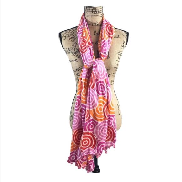 Pink Orange White Scarf or Wrap with Pink Pom Pom Trim - Picture 12 of 14